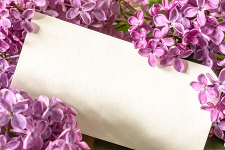 An empty gift card in a bouquet of lilacs. Copy space. Close-upの写真素材