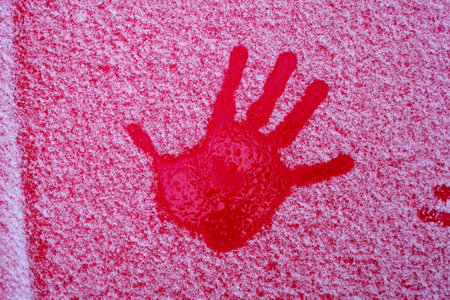 A palm print on a red car hood covered with frost. Cold and ice.の写真素材
