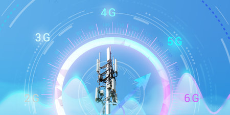 Telecommunication tower with 4G, 5G transmitters. Cellular base station with transmitting antennas on tower on technological background with abstract scales and indication of transmission speedの写真素材