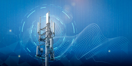 Telecommunication tower with 4G, 5G transmitters. Cellular base station with transmitting antennas...