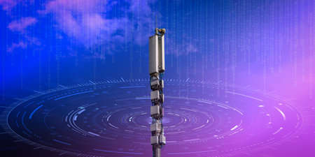 Telecommunication tower with 4G, 5G transmitters. Cellular base station with transmitting antennas...