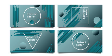 Set of abstract horizontal posters with rounded geometric shapes and frames in shape of circle, square and raised triangle on green gradient background for banner, presentation, wallpaper, UI designのイラスト素材