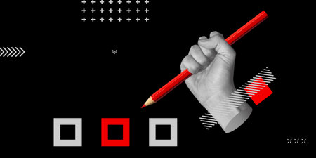 Voting concept. Imposed choice, totalitarianism, dictatorship. A red pencil in a man's fist on a...