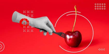 Vegetarianism, raw food, diet concept. Red sweet cherries on a fork in an abstract hand on a red background. Minimalist modern art collage.の写真素材