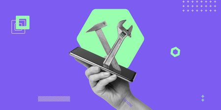 The application of the service and repair center, a mobile call of a specialist, remote work. A wrench, a hammer on the smartphone screen in your hand. Minimalistic collageの写真素材
