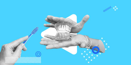 Prevention of caries, periodontal disease, educational work, dentistry. Dental Teeth Model in the hands of a doctor and a toothbrush in the hands of a woman. Minimalist collageの写真素材
