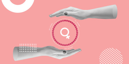 Graphic representation of pregnancy calendar between woman's hands on pink background. Women's health protection, pregnancy period tracking, prenatal care, pregnancy development. Minimalist collageの写真素材