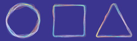 Colorful waves with lines form a triangle, circle and square on a purple background. Decoration with colored dots. Vectorのイラスト素材