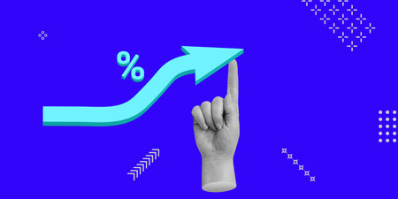 Business concept. Getting out of recession, increasing productivity, efficiency. A hand raises up a symbolic arrow with a percent sign. Minimalist art collageの写真素材