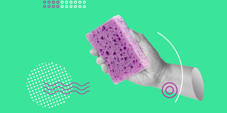 Cleaning services, household chores. Purple household sponge in hand on green background. Minimalist art collageの写真素材