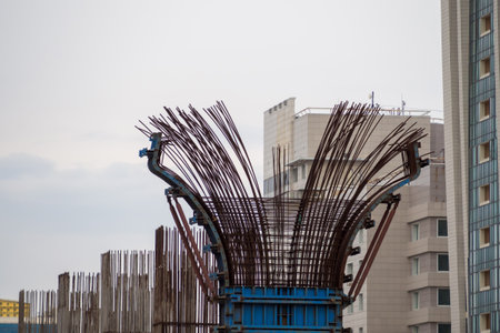 Shell structures. Monolithic foundation with metal reinforcement. Vertical formwork structures for the construction of bridge junctions, elevated metro supportsの写真素材