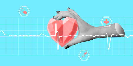 heart health. Prevention and treatment of cardiovascular diseases. A hand holds the heart against a...