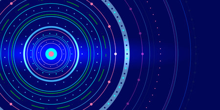 Circles made of colored lines and dots on a bright blue background for an abstract tech design, digital game interface. Vector. copyspace.のイラスト素材
