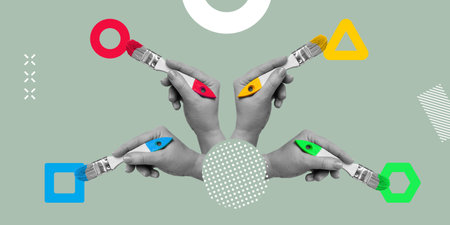 Collaboration, diversity of the inner world, art and harmony. Four hands with brushes draw a circle, a square, a triangle and a hexagon in different colors. minimalist art collageの写真素材