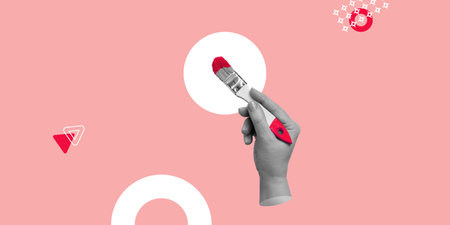 Creativity, artwork, design. The hand with the brush is ready for drawing or writing with red paint. Minimalistic art collageの写真素材