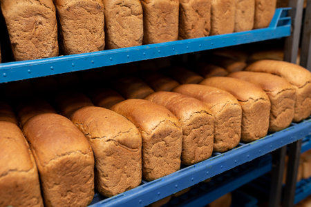 Close-up of freshly baked bread on blue plastic shelves. production of bakery products. Finished...