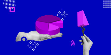 Business analytics, statistical data collection, the concept of profit sharing. A hand extends a groovy diagram and the other hand holds one segment with a fork. Minimalist Art Collageの写真素材