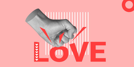 Love destruction, abusive behavior, violence, domestic violence. Fist smashing the word LOVE. minimalist art collageの写真素材