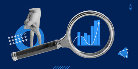 Business analytics, analysis, data search, strategy. The charts behind the magnifying glass with your hand pacing. minimalist art collageの写真素材