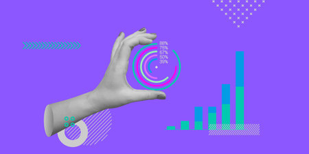 Data analytics, interactivity and data interaction. business concept. Hand holding a pie chart....