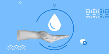 World water day saving, water quality campaign, environmental protection concept. A drop of water over the hand. minimalist art collageの写真素材