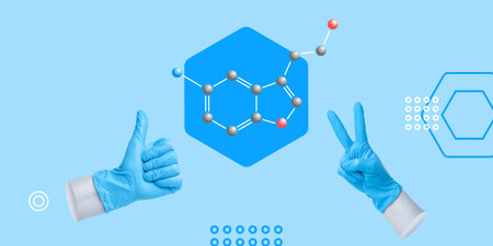 Medical, Laboratory research, pharmacology. Serotonin formula and hands in medical gloves with...
