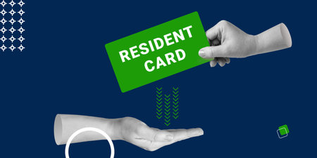 Residence permit, migration, demographic problems. Hand passes symbolic resident card to other hand on a blue background. Minimalist art collageの写真素材