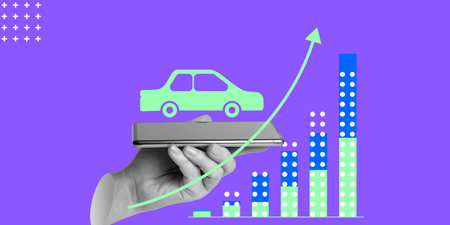 Car rental, mobile sales growth analytics. Car business. Symbolic car over a hand with a smartphone. Minimalistic art collage.の写真素材