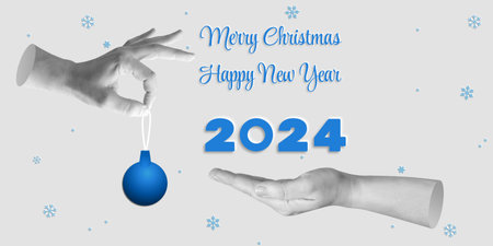 Merry Christmas and Happy New Year lettering on a white background. One hand holds the inscription...