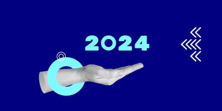2024, new year, new opportunities concept. The number 2024 above the hand for design on the theme of the new or outgoing year, summing up the results of the year. Minimalist art collageの写真素材