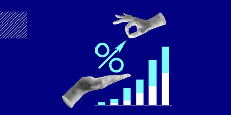 Percentage increase icon above the hand: symbol for increasing profits, loan rates, savings interest, currency exchange rates, business profits or investment returns rising. Minimalistic art collageの写真素材