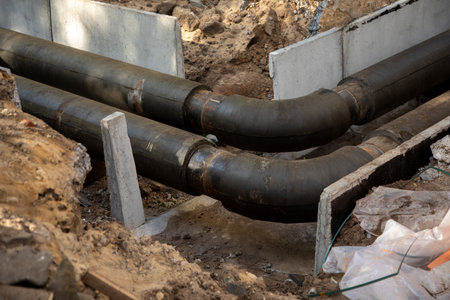 Jointed steel pipes and bends insulated with polymer mineral foam insulation. Construction process...