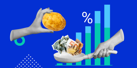 Inflation, rising cost of products, food costs concept. Hand with potatoes and crumpled money in a...