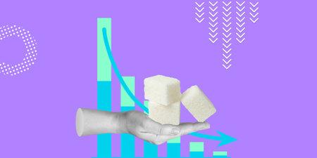 Reducing consumption of sugar or carbohydrates concept. Sugar in hand against the background of descending charts. Minimalist art collageの写真素材