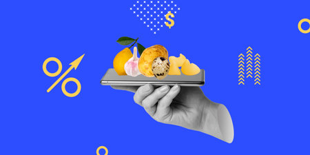 Marketplaces, mobile applications for online trading, increasing sales level concept. Groceries on the screen of a smartphone in a hand next to a sign of increasing percentages. Minimalist art collagの写真素材