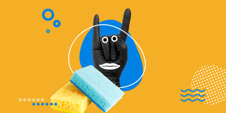 Cleaning concept. A hand in a black glove shows the devil's horns sign, peeking out from behind...