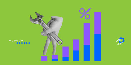 Increasing labor productivity concept. The hand with the wrench follows an ascending schedule with a...