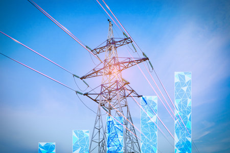 Electricity. Distribution, transmission, and consumption of electricity concept. A power line and an ascending graph in a low-poly style against the skyの写真素材