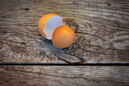 A brown eggshell on an old wooden board. Chicken egg shells for natural fertilizers. Ecological Calciumの写真素材