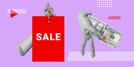 Shopping, sale, discounts concept. A hand with a hundred dollars US steps in the direction of a hand with a SALE sign. Minimalist art collageの写真素材