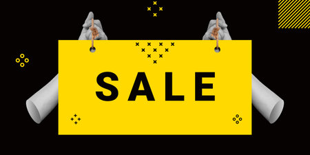 SALE, Black Friday, discounts concept. Two hands holding a large yellow sign with the word SALE on a...