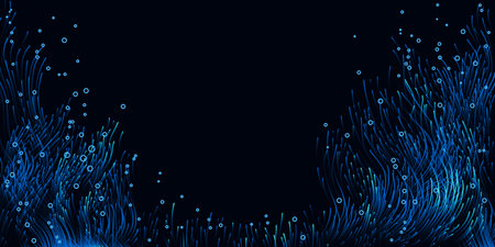 Abstract digital illustration with blue lines and particles on a dark background for technology,...
