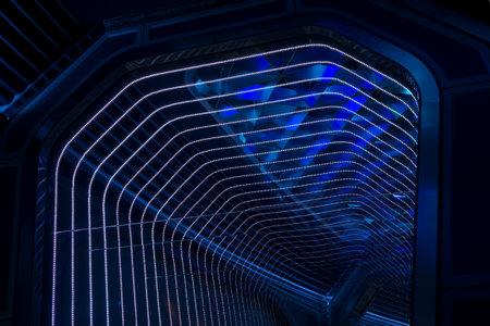 Futuristic tunnel illuminated with blue LED lights and sleek geometric patterns, evoking a sense of digital transformation and innovation. Perfect for technology and sci-fi themes.の写真素材