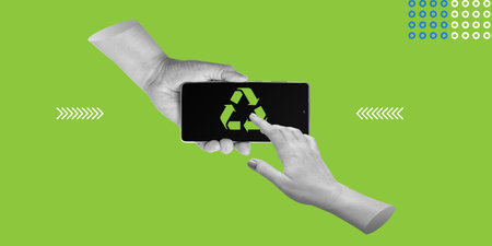 Hand hold a smartphone displaying a green recycling symbol on a vibrant green background. Eco-friendly technology, sustainability and the importance of recycling in modern life. Minimalist art collageの写真素材