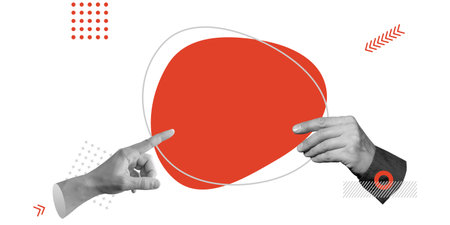 Demonstration, presentation, selection. Hand holding a red empty speech bubble. Minimalist art collageの写真素材