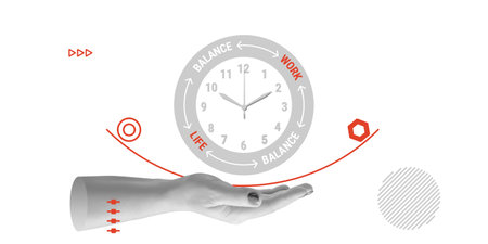 Work-life balance, daily regime, time management. Hand holding a symbolic clock with sectors LIFE, WORK and marking the balance between them. Minimalist art collageの写真素材