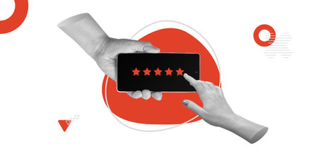 Feedback and digital interaction. Hands holding a smartphone displaying a 5-star rating system. One...
