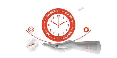 Work-life balance, daily regimen, time management. Hand holding a symbolic red clock with sectors LIFE, WORK and marking the balance between them. Minimalist art collageの写真素材