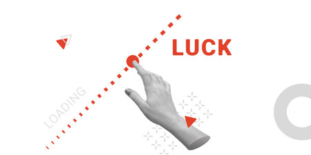 A hand reaches toward a red dot that leads to the word LUCK representing progress toward a successful outcome. Minimalist art collageの写真素材