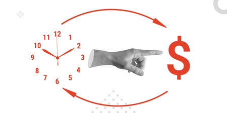 Time management, trading time for money concept. The hand points to the dollar sign. Minimalist art collageの写真素材